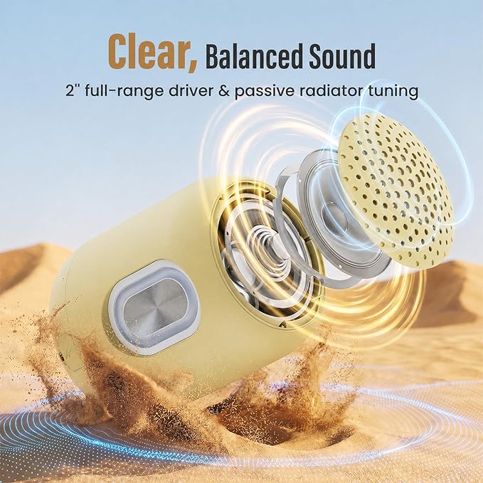 Bobtot Portable Bluetooth Speakers Wireless, Waterproof Shower Speaker with 24H Playtime, Loud Stereo Sound, TWS, Built-in Microphone, Small Size with Carry Lanyard, Yellow