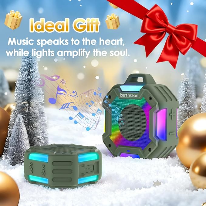 Shower Bluetooth Speaker Waterproof, Portable Small Speaker, Outdoor Bluetooth Speakers Wireless, LED Light, BT5.4, 24H Playtime, Built in Mic, Powerful Sound for Party, Unisex Gifts for Adults-Green