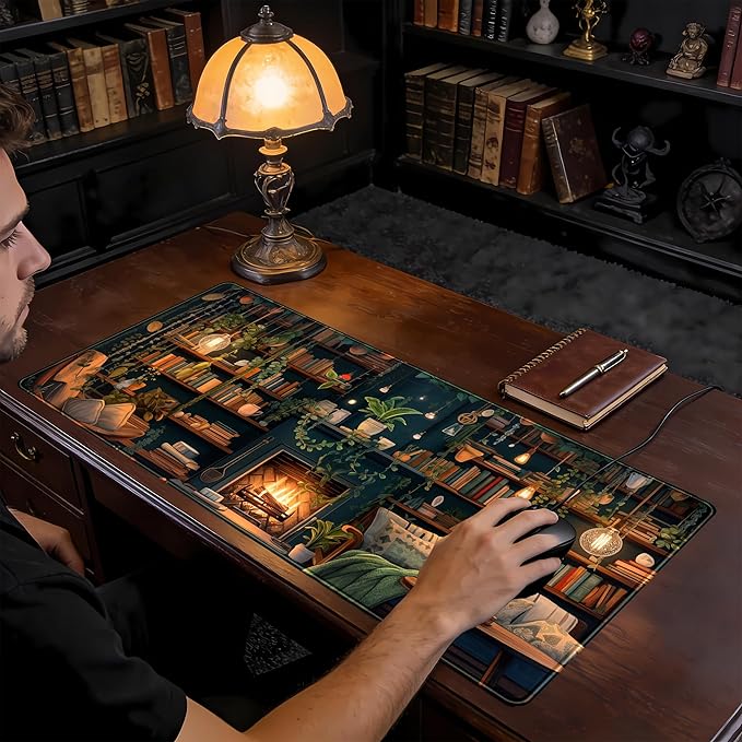 Large Mouse Pad Cozy Library, Extended Full Desk Mouse Mat Gaming Desktop Pad, Computer Keyboard Mat XXL, Vintage Office Decor Desk Laptop Cover Mat Big, Aesthetic Desk Accessories 31.5x15.7 Inch