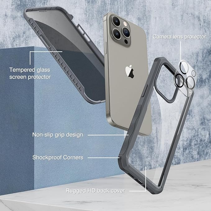 CENHUFO Privacy for iPhone 15 Pro Max Case, Full Body Phone Case with Built-in 9H Tempered Glass Privacy Screen Protector and Camera Lens Protector, Anti Peep Shockproof Bumper Clear Cover - Grey