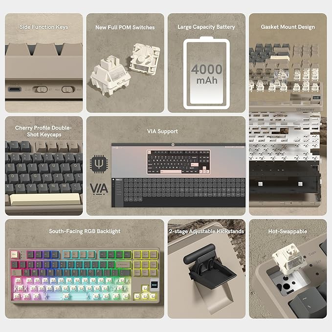 QK87 75% Keyboard with Multimedia Screen, QMK/VIA Wireless Gaming Keyboard, Creamy Mechanical Key Board,3-Mode RGB Custom Gasket Hot Swappable for Windows&Mac, POM Linear Switch (Green Brown)
