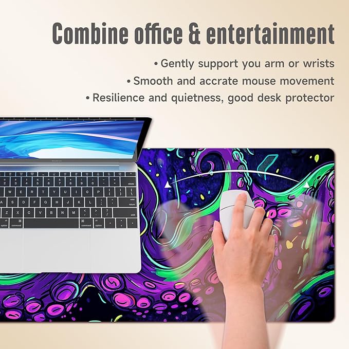 Extended Gaming Mouse Pad, Large Mouse Mat 3 mm Nature Rubber Base Mousepad with Stitched Edges, Non-Slip Desk Mat for Office Home Great Gift 31.5x11.8 Inch (Dark Octopus)