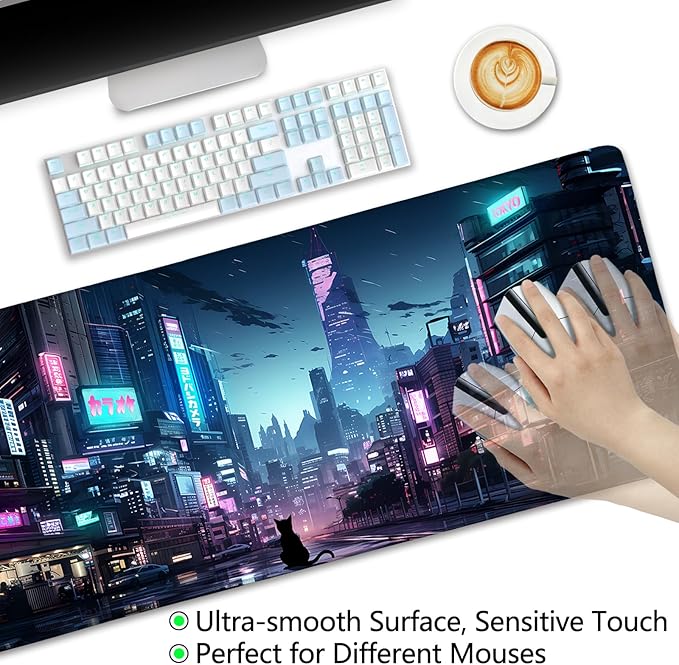 LIMKRIAN Cyberpunk Mouse Pad, Japanese Anime Cat Desk Mat, Neon Tokyo Extended Gaming Mouse Pads for Desktop Computer Laptop Office Work Game Home, 31.5x11.8 in