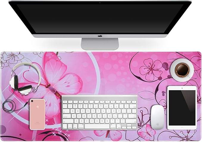 Large XXL Mat Gaming Mouse Pad Extended Full Desk Pad Pink Cute Mouse Pad with Waterproof Surface-Optimized Gaming Surface,Non-Slip Rubber Base Sticthed Edge Mousepad (35"x15.55"x0.08")-Pink Butterfly