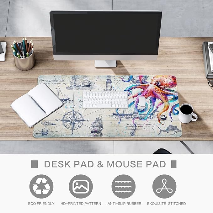 Large Mouse Pad Gaming, Desk Mat for Desktop, Big Mousepad, Grey Desk Pad Computer Desk Mat for Keyboard and Mouse, Cool Octopus Non-Slip Gaming Mouse Pad for Men Boys, 31.5" x 15.7", Gray