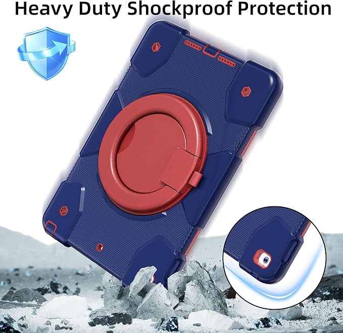Andnary Case for iPad 9th/8th/7th Generation 10.2 inch, Shockproof Cover with Screen Protector/360° Rotate Stand/Pencil Holder/Shoulder Strap, Kids Case for iPad 2021/2020/2019 (Navy+Red)