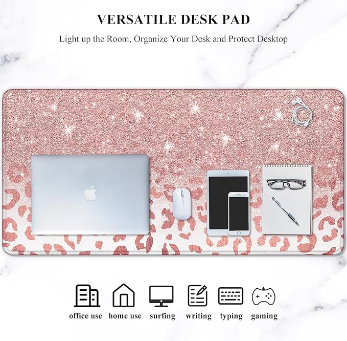 Auhoahsil Large Mouse Pad, XXL Desk Pad, Extened 35" x 15", Non-Slip Rubber Base, Stitched Edges, Superior Surface, Waterproof Keyboard Mat, Large Mousepad for Gamer, Office & Home, Pink Gold Leopard
