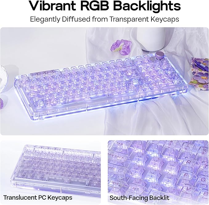 KiiBoom Phantom 98 Crystal Mechanical Gaming Keyboard, Transparent Keyboard with RGB Backlits, Hot-Swappable, Shine Through Clear Keycaps, 3 Modes Wireless, 8000mAh Battery, NKRO for Win/Mac (Purple)