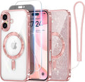 Meifigno Case for iPhone 16 Plus 6.7’’, [Compatible with MagSafe] [1X HD+1X Privacy Screen Protectors] [Glitter Card & Wrist Strap] Surround Lens Protection for iPhone 16 Plus Case, Rose Gold