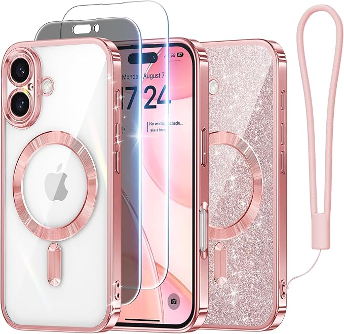Meifigno Case for iPhone 16 Plus 6.7’’, [Compatible with MagSafe] [1X HD+1X Privacy Screen Protectors] [Glitter Card & Wrist Strap] Surround Lens Protection for iPhone 16 Plus Case, Rose Gold