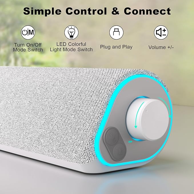 SOULION R50 Bluetooth Computer Speakers, 3.5mm PC Sound Bar for Desktop Monitor, Wired USB Powered & Colorful LED Lights with Switch Button, Surround Sound Soundbar PC Spearkers for Computer, White