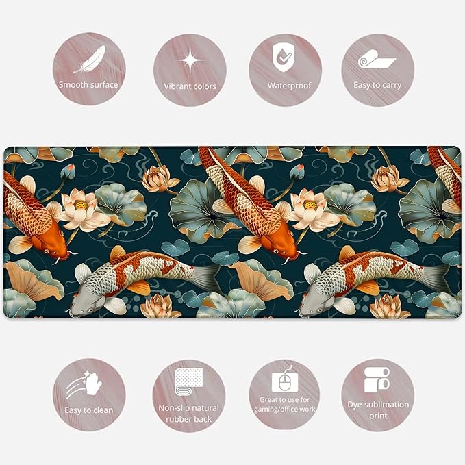 Cute Koi Fish Gaming Mouse Pad, Large Artistic Lotus and Pond Desk Mat for Laptop Keyboard Computer, Non-Slip Rubber Base Desktop Extended Mousepad for Office Home Accessories 31.5"×11.8"