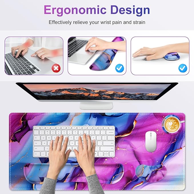 Large Gaming Mouse Pad Set, 4 in 1 Ergonomics Keyboard Desk Mat with Memory Foam Wrist Rest, Computer PC Extended Game Mousepad, Non-Slip Desk Pad Matt Easy Typing Pain Relief I Colorful Marble