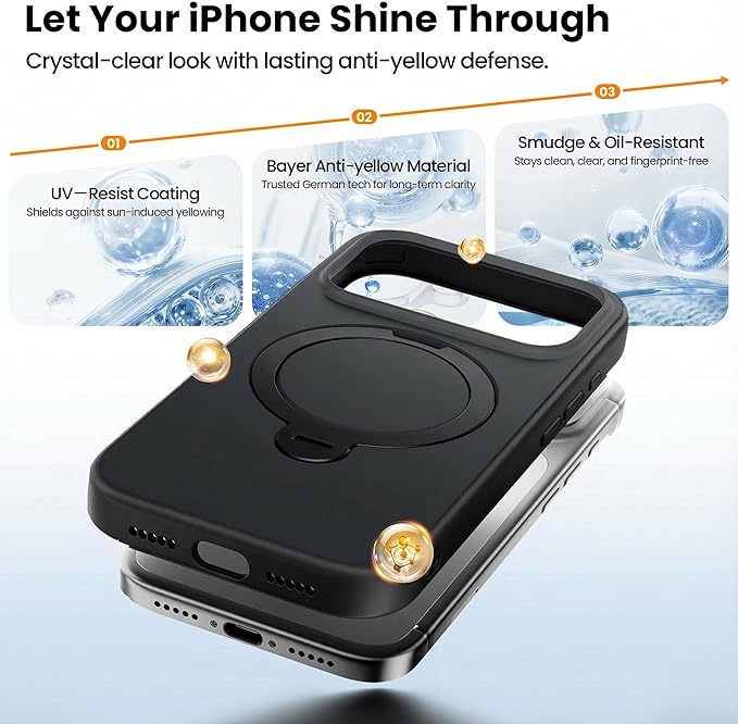 3in1 for 360°Ring Stand for iPhone 17 Pro Max Case with 1X Screen Protector +1X Camera Cover,Fit for MagSafe, Anti-Yellowing & Scratch-Resistant Back Phone Case for iPhone 17 Pro Max 6.9", Black