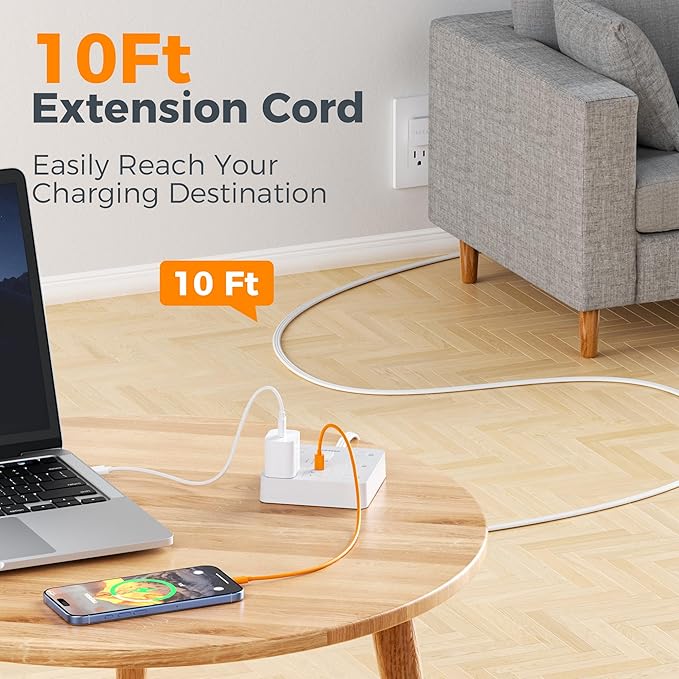 TESSAN 10Ft White Extension Cord with Multiple Outlets, Surge Protector Power Strip with 6 Outlets and 3 USB Ports (1 USB C), 1700 Joules Protection, Flat Plug, Outlet Extender for Home, Office, Dorm