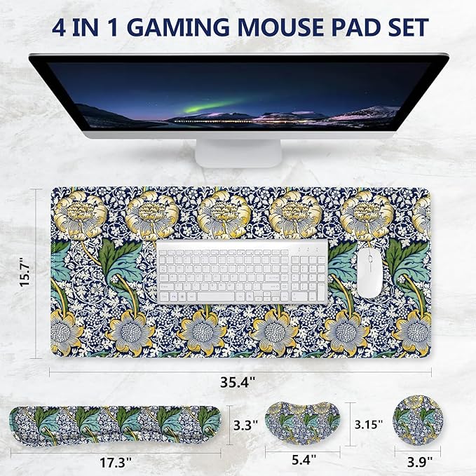 DINKY Large Mouse Pad and Keyboard Wrist Rest Set, Extended Mouse Pad with Wrist Support, Non-Slip Desk Mat Protector Desk Blotter for Keyboard and Mouse, Floral Art