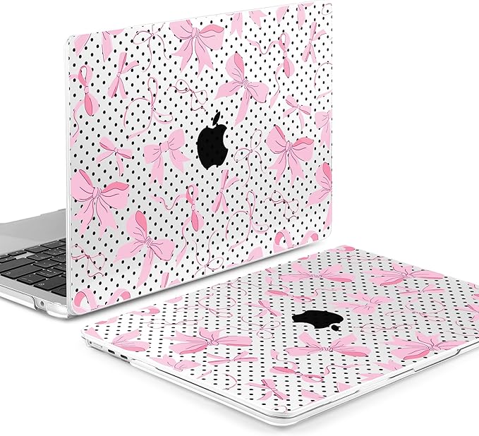 MEEgoodo Case for M5/M4/M3/M2 MacBook Air 15 inch Case 2026 2025 2024 2023, Laptop Shell Fit Model (A3448/A3241/A3114/A2941) for MacBook Air 15.3-inch, Black Polka Dots&Pink Bows
