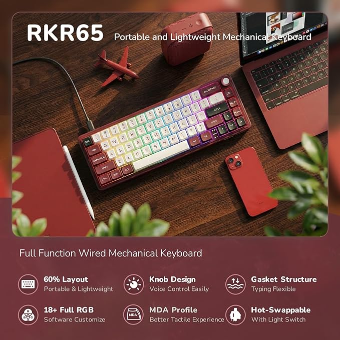 RK ROYAL KLUDGE R65 Wired Mechanical Keyboard with Volume Knob, 60% Percent RGB Backlit Gaming Keyboard Gasket Mount with PBT Keycaps, MDA Profile, QMK/VIA, 66 Keys Hot Swappable Light Switch, Red