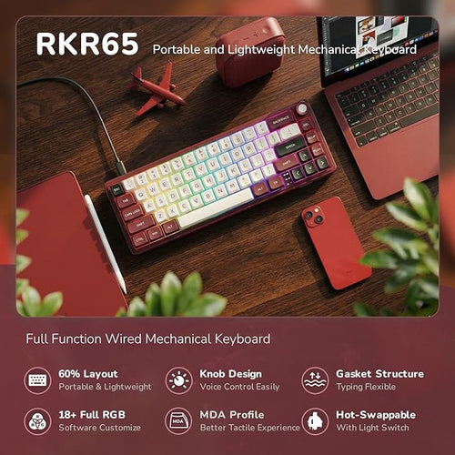 RK ROYAL KLUDGE R65 Wired Mechanical Keyboard with Volume Knob, 60% Percent RGB Backlit Gaming Keyboard Gasket Mount with PBT Keycaps, MDA Profile, QMK/VIA, 66 Keys Hot Swappable Light Switch, Red