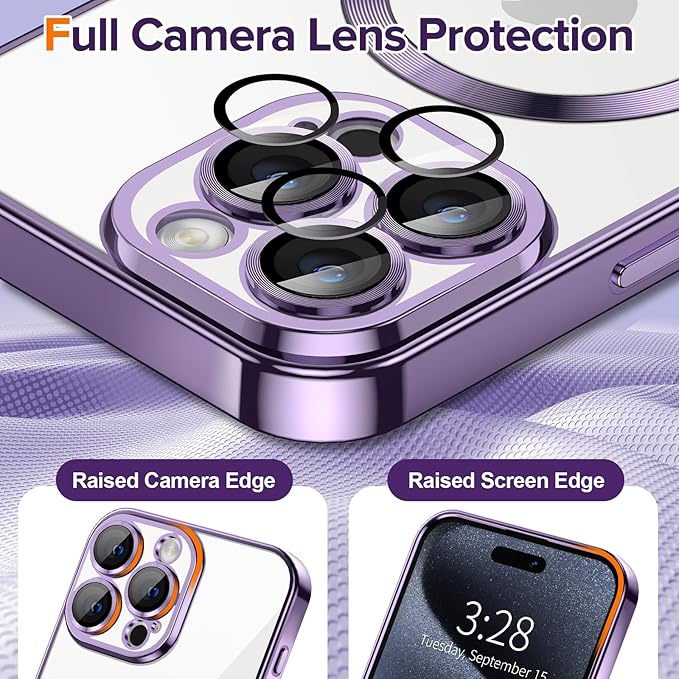 Hython Magnetic Clear for iPhone 15 Pro Case with Camera Lens Protector [Compatible with MagSafe] Luxury Plating Edge Slim Soft TPU Cover Protective Phone Case for iPhone 15 Pro 6.1", Deep Purple