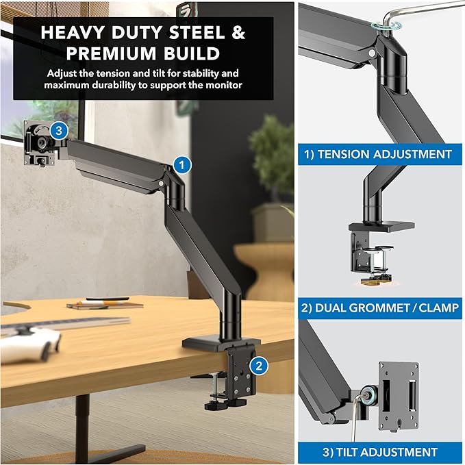 Mount-It! Heavy Duty Monitor Arm for 49”, 57" & Ultrawide Monitors, Full Motion Gas Spring | Holds 55 lbs | Tilt, Swivel & Rotate | VESA 75 & 100 | Clamp & Grommet Base | Fits Samsung Odyssey G9
