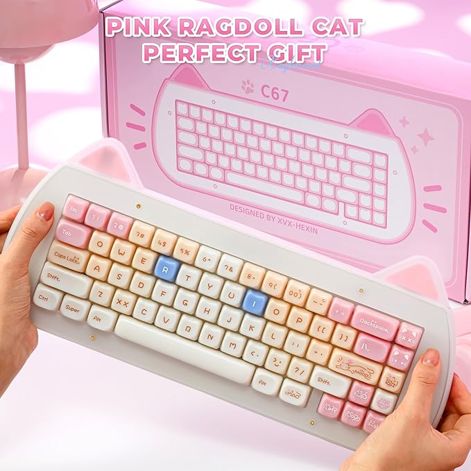XVX C67 Wireless Mechanical Keyboard Cute Design, 60% Gaming Creamy Keyboard Custom QMK/VIA, BT5.0/2.4G/USB-C Mode, Hot Swappable Linear Switch RGB Backlits, Gasket Mount for Win/Mac(AcriCat, Pink)