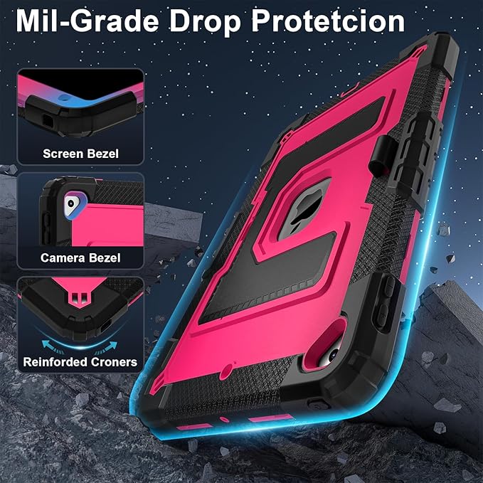 Kids Friendly Case for Apple iPad 10.2" 9th 8th 7th Generation 2021/2020/2019 Case with Pencil Holder & Shoulder Strap, Military Grade Shockproof Kickstand Hard Shell Protective Cover,Black+Rose