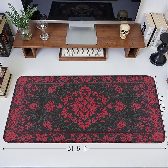 Victorian Gothic Floral Desk Mat Black Red Baroque Desk Pad Dark Academia XXL Large Mouse Pad Vintage Aesthetic Office Decor Mat for Desktop