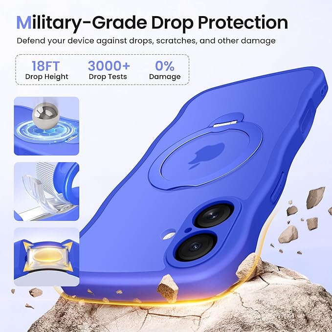 CAPRARO for iPhone 16 Plus Case with 360° Spin Magnetic Stand for Women, [Compatible with MagSafe] [Full Camera Protection] Cute Wave Translucent Matte Case for iPhone 16 Plus, Ultramarine