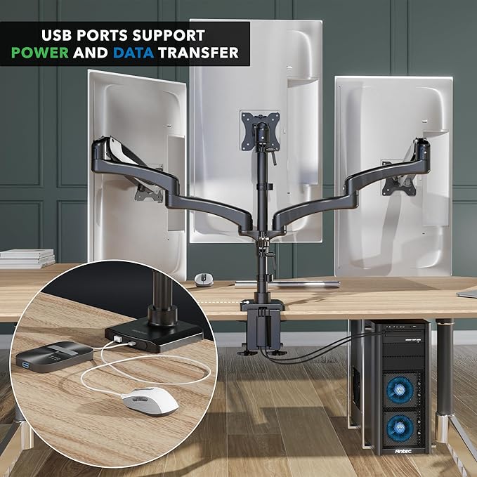 Mount-It! Triple Monitor Mount, 3 Monitor Desk Mount with Gas Spring Arms, Fits 13–32 Inch Screens up to 17.6 lbs per Arm, VESA 75 & 100, Clamp or Grommet Base, USB-A & C Ports, Black