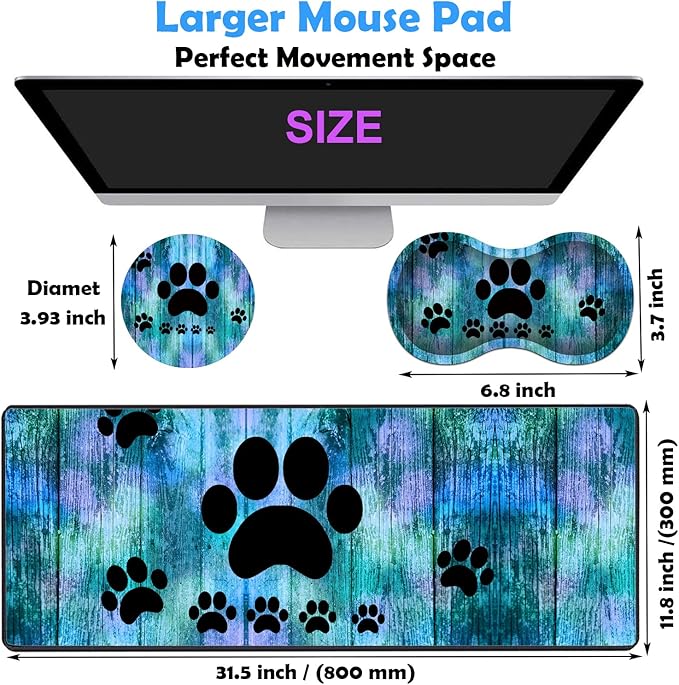 3 Piece Mouse Pad Set with Stitched Edge Large Anti-Slip Mouse Pad Desk Pad Keyboard Pad + Wrist Rest Pad + Coaster, Memory Foam Wrist Rest for Office/Home -Antique Blue Wood Grain Dog Paw
