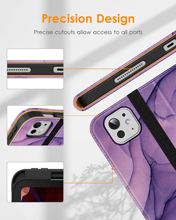 DTTO for iPad Pro 11 inch Case (M5/M4) 2025/2024, Premium Leather Business Folio Stand Cover with Pencil Holder - Auto Wake/Sleep and Multiple Viewing Angles, Purple Marble
