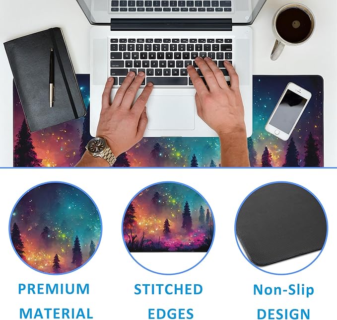 Fantasy Forest Desk Mat,Large Gaming Mouse Pad,Non-Slip Rubber Base Desk Pad with Stitched Edges for Desk Office Home Decor 35.4X15.7 Inch