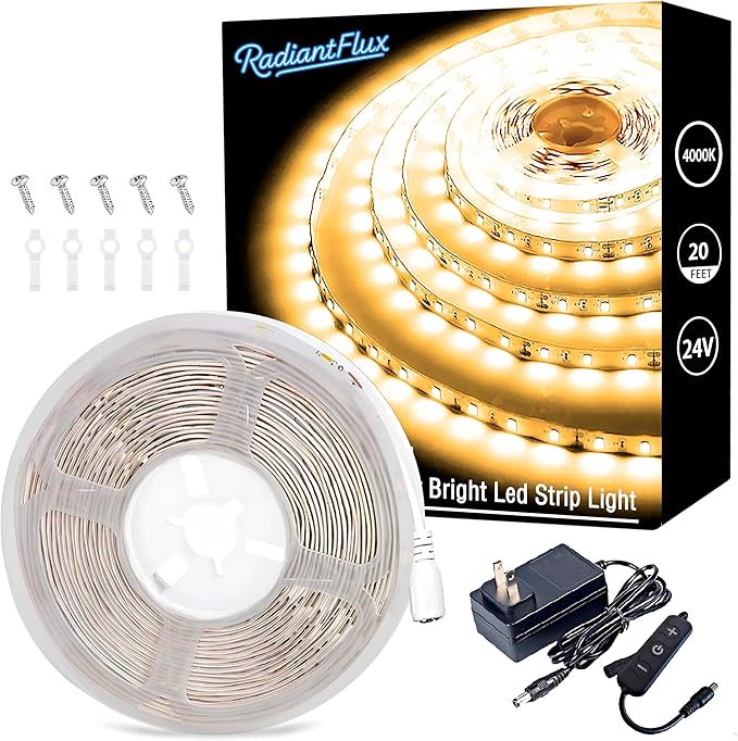 RadiantFlux 20Ft 4000K LED Strip Lights, Soft Natural Light Indoor Strips, Dimmable Flexible Bright LED Tape for Kitchen, Living Room and Vanity Mirror