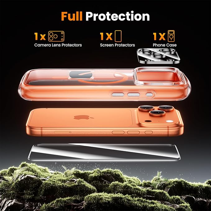 3-in-1 Air for Heavy Duty iPhone 17 Pro Max Case with Screen Protector & Camera Lens Protector,[Fits MagSafe][Military-Grade Protection] [Built-in Airbag] Shockproof Case for 17 Pro Max(Clear-Orange)