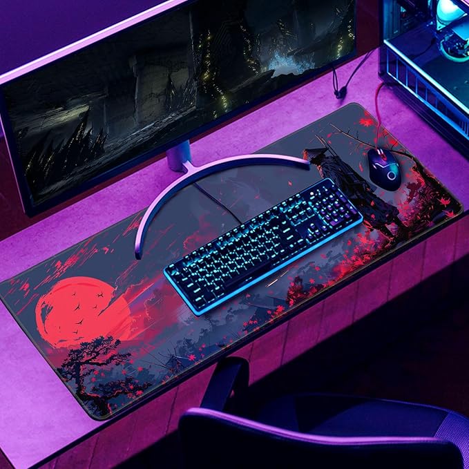 Japanese Gaming Samurai Red Large Gaming Mouse Pad Keyboard Desk Pad Extended Mouse Pad Gaming Office Decor, Pc Laptop Mouse Pads Large (31.5x11.8 in) with Stitched Eges Non-Slip Base Mousepad XL