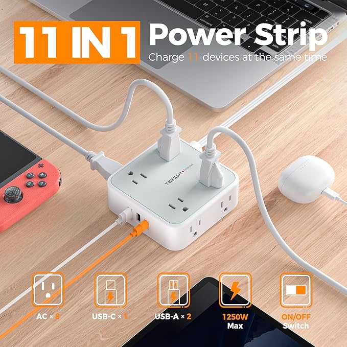 TESSAN Surge Protector Power Strip, 5 Ft Flat Plug Extension Cord with 3 USB (1 USB C 20W PD) 8 Outlets, 1250W, 900J Protection, 3 Sided Outlet Extender with Power Switch for Office, Dorm Room, Grey
