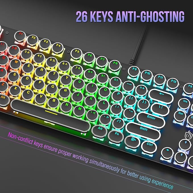 Typewriter Mechanical Gaming Keyboard with RGB Backlit Red Switches, 104 Keys Retro Round Keycap, Wired Typewriter Style Comfortable Typing Soud (R-Black)