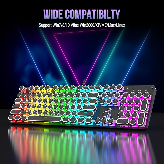 Typewriter Mechanical Gaming Keyboard with RGB Backlit Red Switches, 104 Keys Retro Round Keycap, Wired Typewriter Style Comfortable Typing Soud (R-Black)