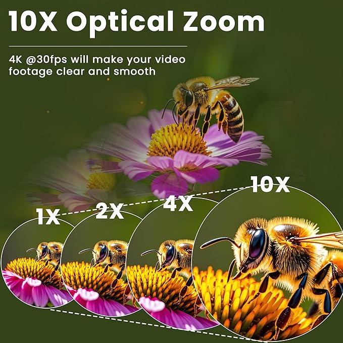 4K USB Camera - 10X Optical Zoom, Ultra HD 2160P, IMX415 Sensor, Plug and Play for Windows, Linux, Mac, Raspberry Pi
