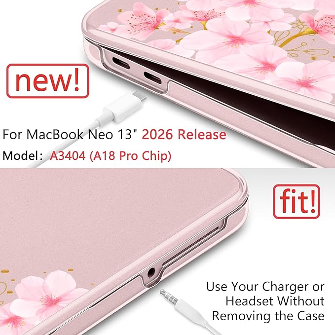 DONGKE for MacBook Neo 13 inch Case 2026 (Model A3404), Artistic Cherry Pattern Ultra Slim Frosted Matte Hard Shell, Anti-Scratch & Fingerprint Resistant Cover - Cherry Blossom