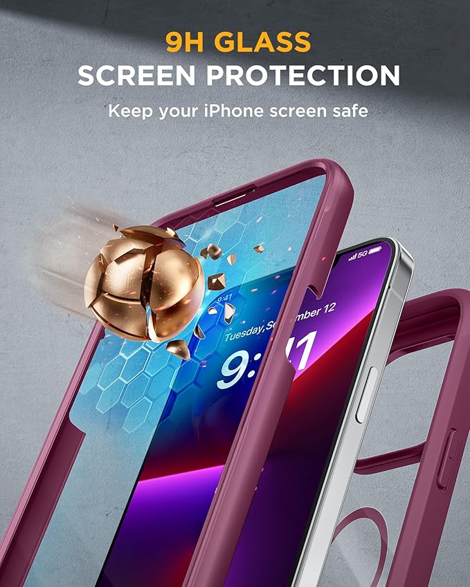 Miracase Magnetic for iPhone 13 Pro Max Case 6.7 inch, (Compatible with MagSafe) Upgrade Full-Body Clear Phone Bumper Case with Built-in 9H Tempered Glass Screen Protector, Magnetic Wine Red