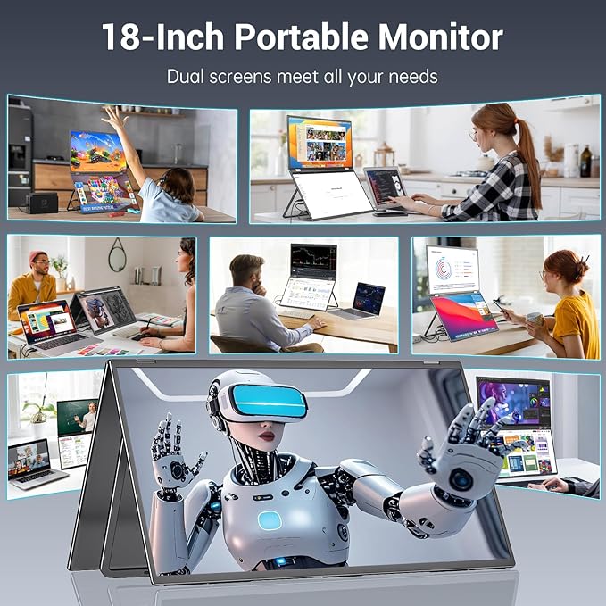 InnoView 18.5" Dual Portable Monitor 100Hz 2K 2560x1600P 100% sRGB Foldable & Stackable Design with 315° Screen Adjustment | DP/USB-C/HDMI, Second Monitor for Laptop, Mac, Windows