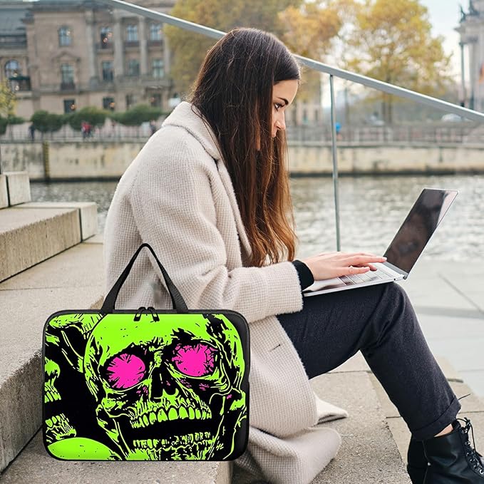 Universal Laptop Sleeve Case 12 inch, Neon Green Skull Slim Carrying Case Handbag Travel Laptop Bag for Surface Pro 9 8 7/Laptop Go 2 3, MacBook Air 11/12