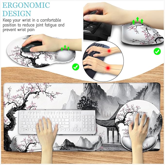 LIMKRIAN Japanese Ergonomic Mouse Pad Large Desk Mat Set, XXL Anime Mousepad with Wrist Rest, Wrist Support Gaming Keyboard Mat Cup Coaster Set, Japanese Style Office Desk Accessories Decor
