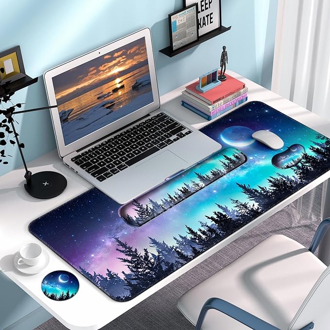 Keyboard Wrist Rest + Mouse Pad with Wrist Support + Desk Mat + Coaster 4 in 1 Set, XXL Large Gaming Mousepad Cute Ergonomic Mouse Pads for Desk Computer Laptop Office Decor-Forest Moon