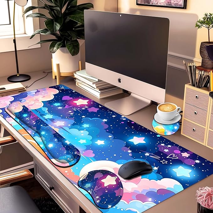 Large Mouse Pad Set 35.4 x 15.7 with Keyboard Wrist Rest, Wrist Support, and Coaster, Waterproof Memory Foam Smooth Desk Pad Mousepad for Home Office School - Pastel Rainbow Star