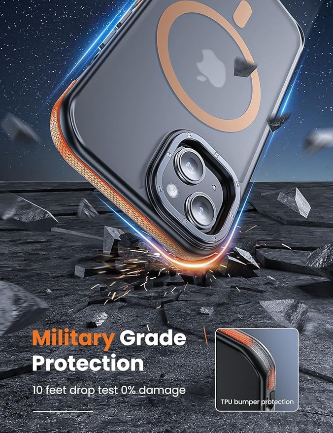 Tigowos for iPhone 15 Phone Case Fits MagSafe 10FT Drop Resistant Matte Skin Feeling Back Cover for iPhone 15 Case，Bumper Orange