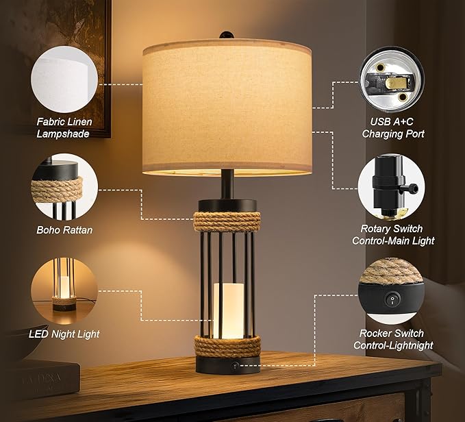 OYEARS 25" Table Lamps Set of 2 with Night Light, Rustic Bedside Lamps with USB C+A Charging Ports, Black Metal Lamp with Rope Accent and Frosted Glass, Farmhouse Lamps for Living Room Bedroom