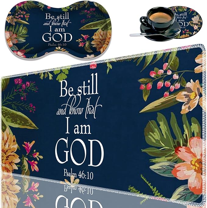 Durable Desk Mat + Wrist Rest Pad + Coasters Set, Large Gaming Office Mouse Pad 31.5 "x 11.8", Extended Non-Slip Rubber Keyboard Pad, Laptop & Home, Christian Psalm 46-10